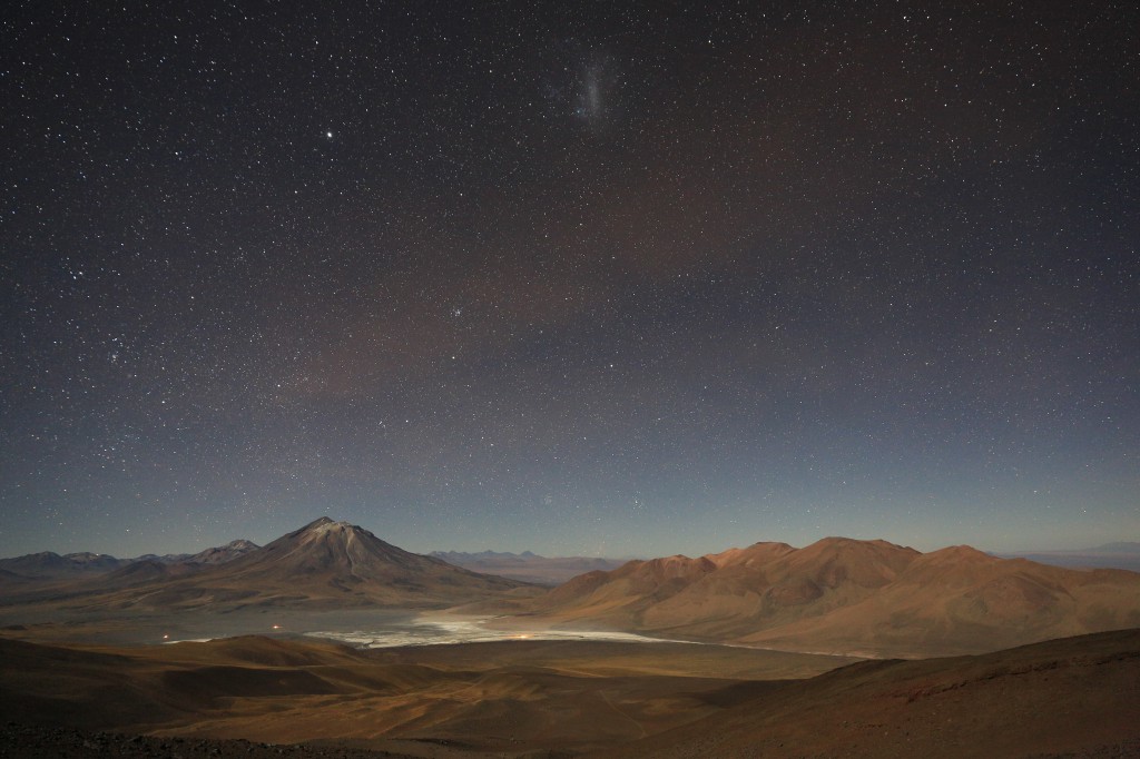 Looking back from the climb a beautiful panorama showing Volcan Paniri as well as what us astronomers nonchalantly just call the LMC (large magellanic cloud). The moon also is illuminating what looks like dirty clouds, which really is the volcanic smoke from San Pedro blowing overhead.